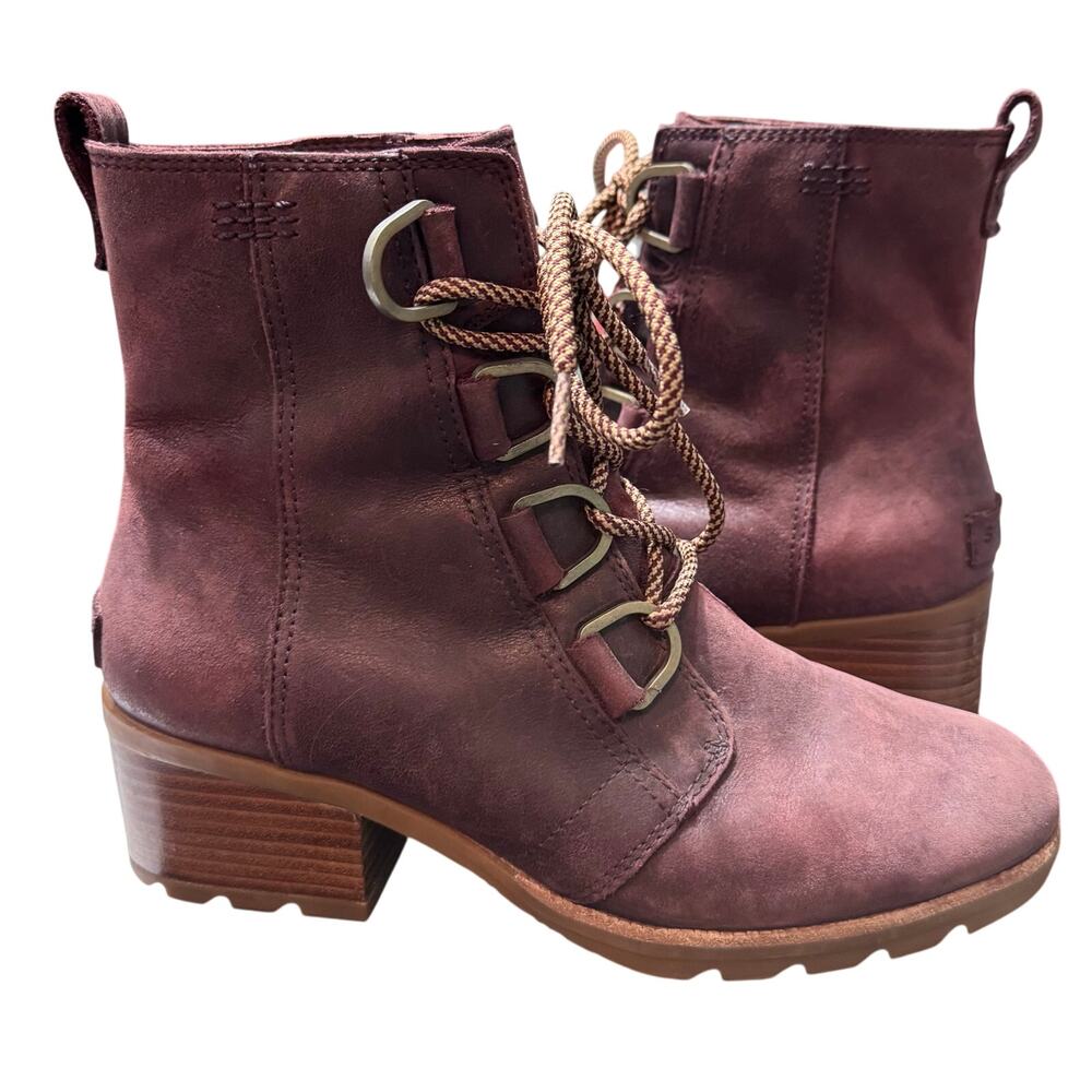 Sorel Cate Leather Lace Up Waterproof Maroon Redwood Boots Size 8.5